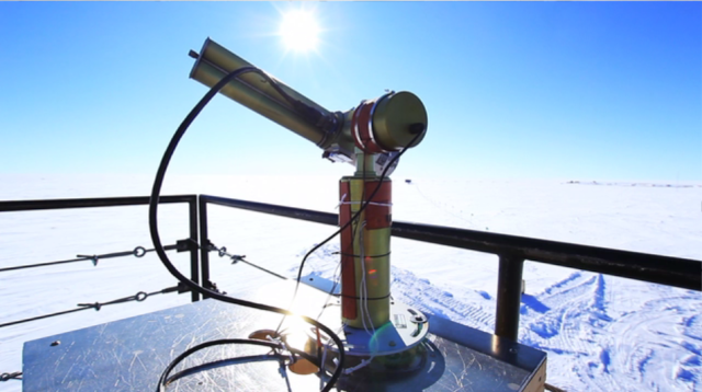 The sun photometer at the South Pole is part of NASA's Aerosol Robotic Network, and is just one of hundreds located around the world. (Photo by Hunter Davis) 