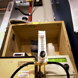 The NOAA Aerosol suite is comprised of four instruments: A CNC particle counter, (lower left) a MCPC particle counter (lower Right), a Nepholometer used for measuring particle size and distribution (center top) and an aetholometer (not pictured) used for measuring black carbon. (Photo by Hunter Davis)   