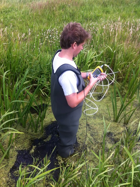 Researcher Rolf Hut testing the temperature-sensing waders in the field. (Tim van Emmerik)