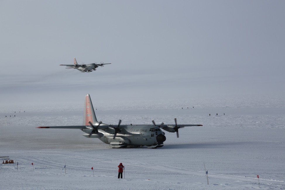 A rare sight: two LC-130s at South Pole Station: the plane I "boomeranged" on, and the plane that finally got me to McMurdo.