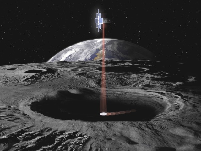 Artist conception of the Lunar Flashlight one of 13 CubeSat experiments that will fly on the first flight of NASA’s Space Launch System, will examine the moon’s surface for ice deposits and identify locations where resources may be extracted. (NASA)