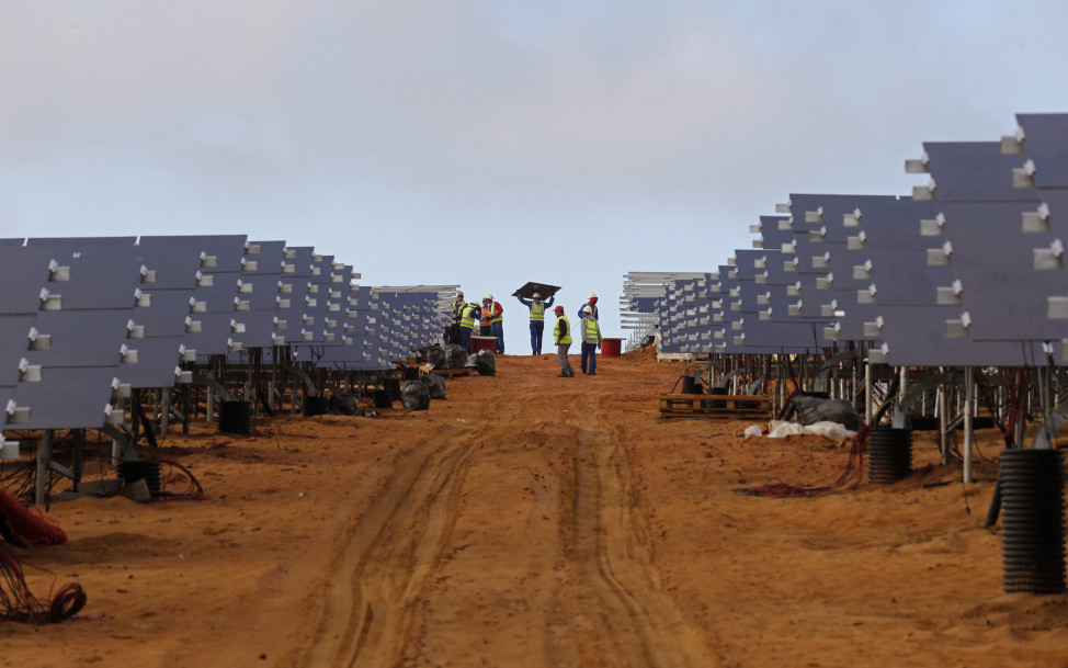 Here’s another shot of a new solar panel array.  This one is being constructed at a photovoltaic solar park on the outskirts of the coastal town of Lamberts Bay, South Africa, Tuesday, March 29, 2016.  The solar power plant, which is expected to produce up to 75 Megawatts, will be connected to the South African electric grid. (AP)