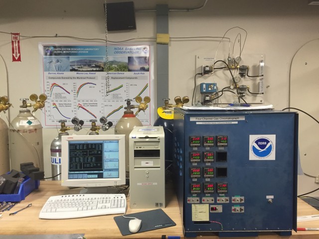 Many ozone-depleting substances are studied using the gas chromatograph. Pumps continuously suck air samples into the instrument, which then analyzes the sample for various compounds. Data is displayed on the computer screen. (Photo by Refael Klein)