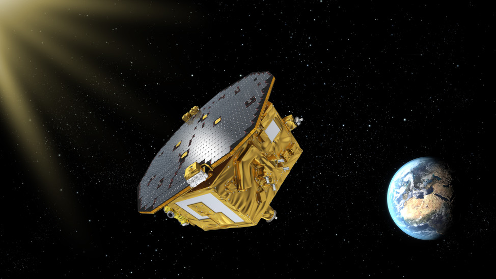 Artist’s impression of LISA Pathfinder, ESA’s mission to test technology for future gravitational-wave observatories in space. ((c) ESA-C. Carreau)