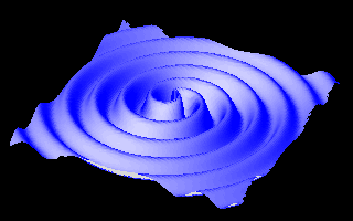 Two-dimensional representation of gravitational waves generated by two neutron stars orbiting each other. (NASA/JPL)