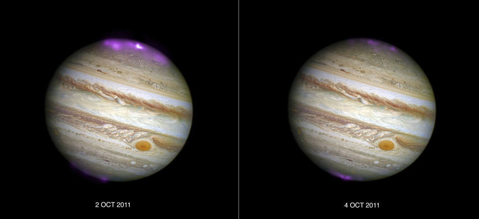 According to a study published on March 22, 2016, solar storms are triggering X-ray auroras on Jupiter that are about eight times brighter than normal over a large area of the planet and hundreds of times more energetic than Earth’s "northern lights.  The auroras, seen in purple, were captured by the Chandra X-Ray Observatory. (X-ray: NASA/CXC/UCL/W.Dunn et al, Optical: NASA/STSc)