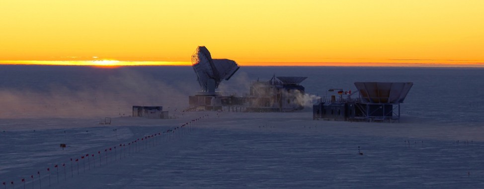 An orange sky over the dark sector telescopes. As day turns to a 6-month-long night, the experiments will start up in earnest. (Photo by Christian Krueger) 