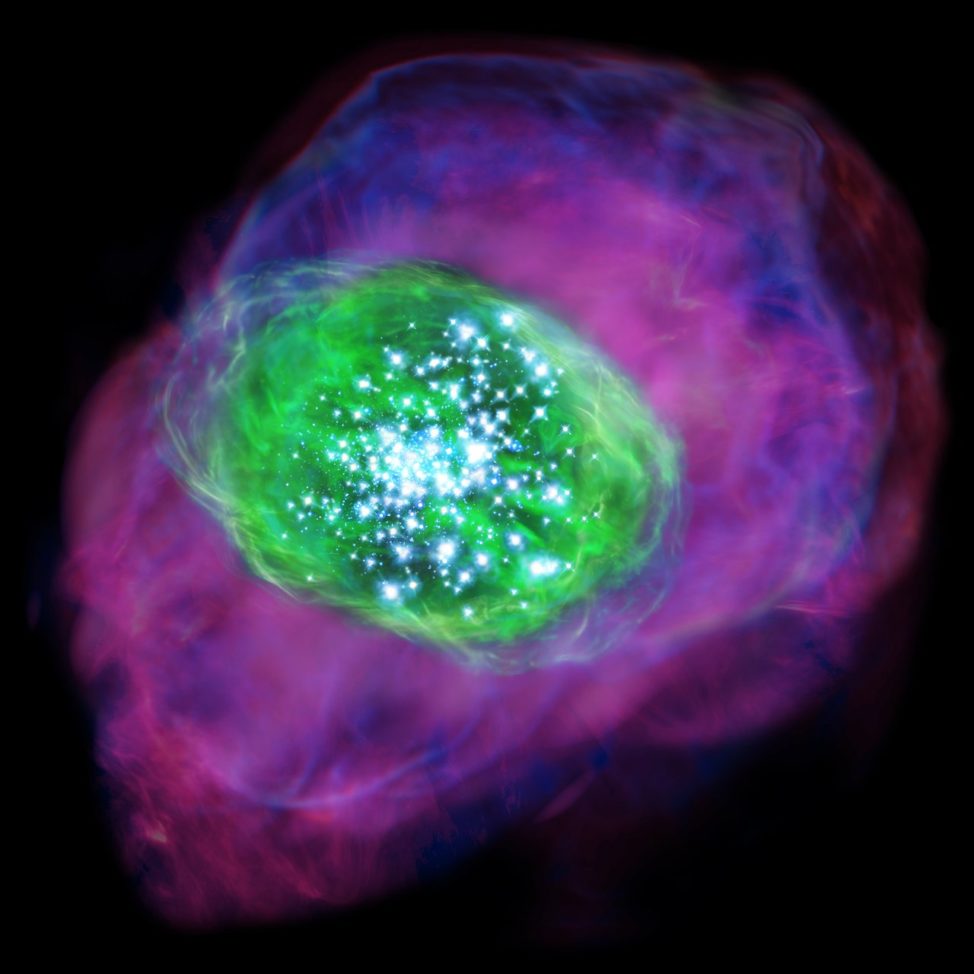 Artist impression of distant galaxy SXDF-NB1006-2. Astronomers on 6/15/16 announced that they detected the universe’s oldest oxygen (green) in this galaxy. To make their discovery, the astronomers used the Atacama Large Millimeter/submillimeter Array (ALMA) radio telescope array, in Chile. Ionized hydrogen (purple) was detected by the Subaru Telescope in Hawaii (NAOJ) 