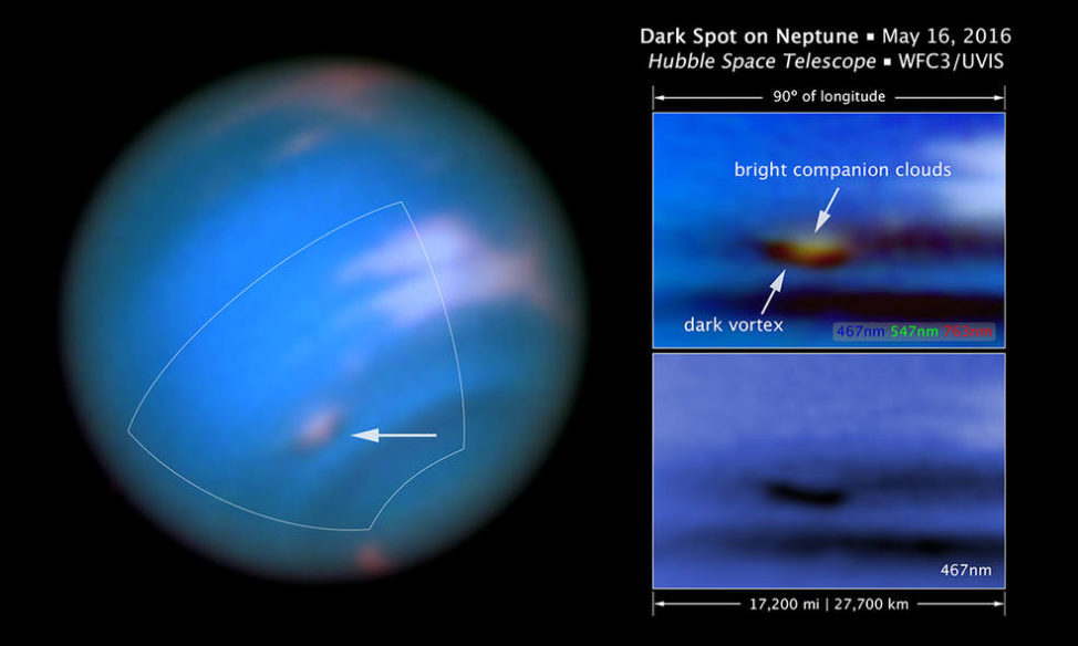 This new Hubble Space Telescope image confirms the presence of a dark vortex in the atmosphere of Neptune. (NASA, ESA, and M.H. Wong and J. Tollefson (UC Berkeley))