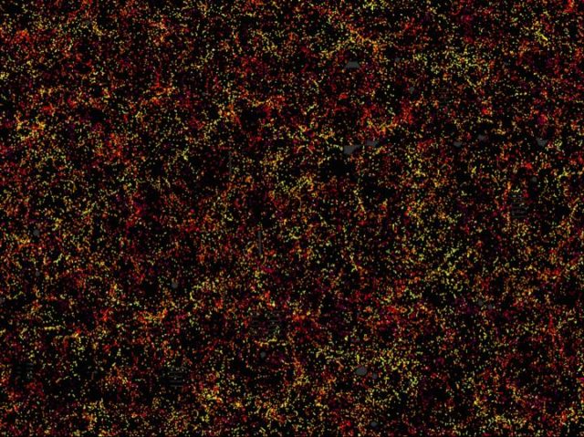 This is one slice through the map of the large-scale structure of the Universe from the Sloan Digital Sky Survey and its Baryon Oscillation Spectroscopic Survey. (Daniel Eisenstein and SDSS-III)