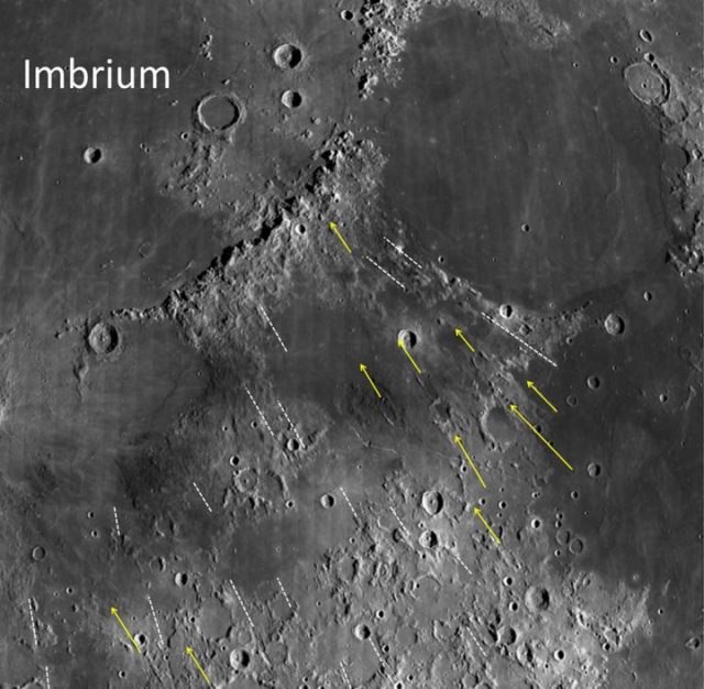 Grooves and gashes near the moon's Imbrium Basin have long stumped astronomers. New research examined these features to estimate the size of the object whose impact created this lunar feature. Researchers found that it was big enough to be considered a protoplanet. (NASA/Northeast Planetary Data Center/Brown University)