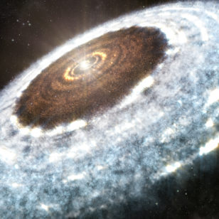 Artist impression of the water snowline around the young star V883 Orionis, as detected with ALMA. Credit: A. Angelich (NRAO/AUI/NSF)/ALMA (ESO/NAOJ/NRAO)