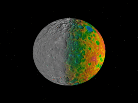 Scientists with NASA's Dawn mission were surprised to find that Ceres has no clear signs of truly giant impact basins. This image shows both visible (left) and topographic (right) mapping data from Dawn. (NASA/JPL-Caltech/SwRI)