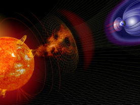 Artist illustration of events on the sun changing the conditions in Near-Earth space which can generate geomagnetic storms. These storms can interupt radar, radio communications and electrical grids on Earth. (NASA)