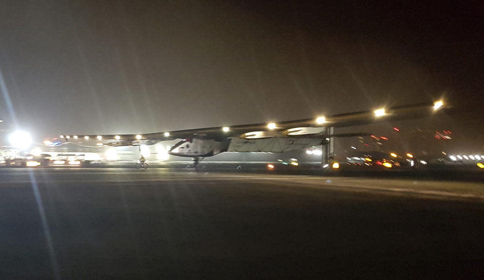 The Solar Impulse 2 plane comes in for a landing in an airport in Abu Dhabi, United Arab Emirates, early 7/26/16 and completes its circumnavigation of Earth. The Solar Impulse 2 was able to make it’s a complete trip around the world without a drop of fuel, powered solely by the sun’s energy. (AP)