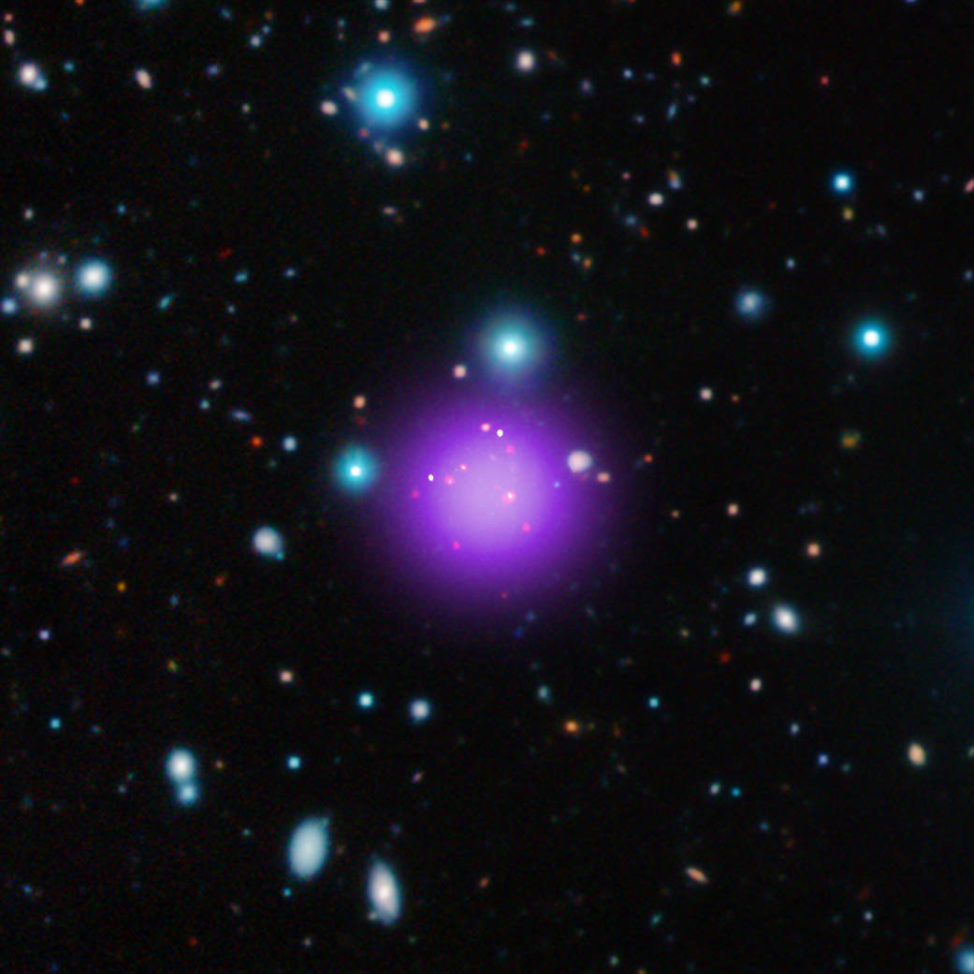 On 8/30/16 it was announced that scientists using various NASA, ESA and ground-based telescopes have found the most distant galaxy cluster so far. At 11.1 billion light years from Earth this is Galaxy Cluster CL J1001+0220 or CLJ1001 for short. (NASA/CXC/CEA/T. Wang et al; Infrared: ESO/UltraVISTA; Radio: ESO/NAOJ/NRAO/ALMA)