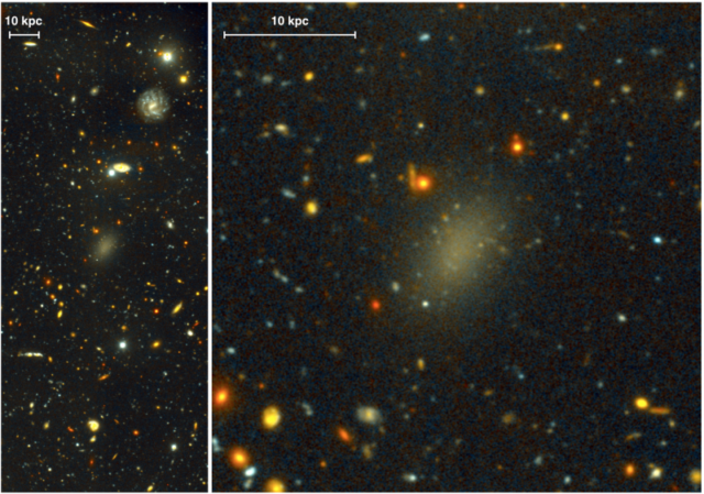 The dark galaxy Dragonfly 44. The image on the left is a wide view of the galaxy and a close-up on the right. The massive galaxy consists almost entirely of Dark Matter. (Pieter Van Dokkum, Roberto Abraham, Gemini, Sloan Digital Sky Survey)