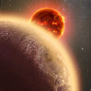 This artist's conception shows the rocky exoplanet GJ 1132b, located 39 light-years from Earth. New research shows that it might possess a thin, oxygen atmosphere - but no life due to its extreme heat. (Dana Berry/Skyworks Digital/CfA)
