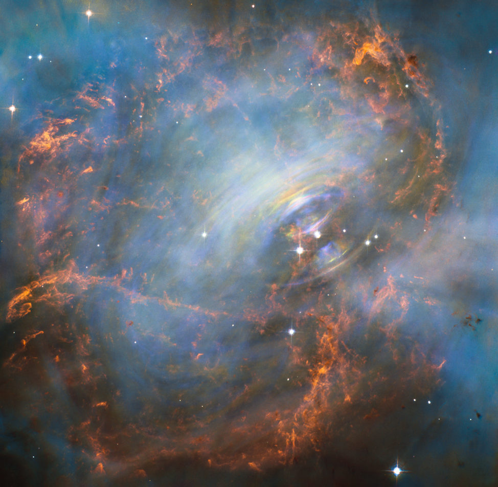 This is the heart of the Crab Nebula as captured by the NASA/ESA Hubble Space Telescope. This stunning image was released to the public on 7/8/16 features the nebula’s central neutron star. Scientists say it spins at a rate of 30 times per second which produces a visible pulsating appearance, much like a beating heart. (NASA/ESA)
