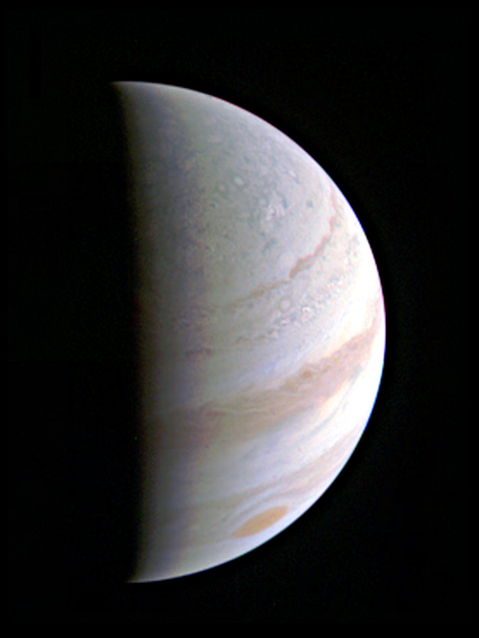 NASA's Juno spacecraft successfully completed the first of 36 scheduled orbital flybys of Jupiter recently. In this view, Jupiter's north polar region is coming into view as the spacecraft approaches the giant planet. This view of the Jovian planet was taken on 8/27/16, when Juno was 703,000 kilometers away. (NASA/JPL-Caltech/SwRI/MSSS)