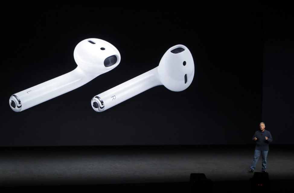 In this 9/7/16 photo, Phil Schiller, Apple's senior vice president of worldwide marketing, introduces Apple’s new AirPods, Bluetooth headsets that were designed to work seamlessly with Apple’s software. (AP)