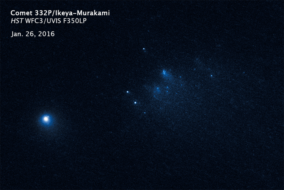 This animation released by on 9/15/16 by NASA shows the slow migration of building-size fragments from Comet 332P/Ikeya-Murakami over a three-day period in January 2016. The animation was made from a sequence of Hubble Space Telescope images. The fragment broke off of the comet’s main nucleus in late 2015 its orbit brought it close to the sun (NASA, ESA, D. Jewitt (UCLA))