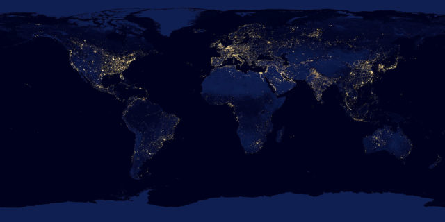 Composite image of the Earth at night assembled from data acquired by the Suomi National Polar-orbiting Partnership (Suomi NPP) satellite over nine days in April 2012 and thirteen days in October 2012. Population estimates based on similar satellite data can help improve vaccination campaigns. (NASA Earth Observatory/NOAA NGDC)