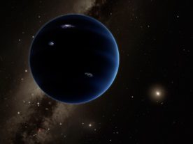 This artistic rendering shows the distant view from Planet Nine back towards the sun. The planet is thought to be gaseous, similar to Uranus and Neptune. Hypothetical lightning lights up the night side. (Caltech/R. Hurt (IPAC))