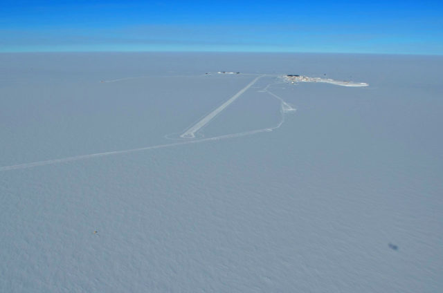 The ski-way's 3,600 meter expanse can be clearly seen in an aerial photograph. To prepare it each year for flights can take upwards of a week of operations. (Photo: H. Davis)