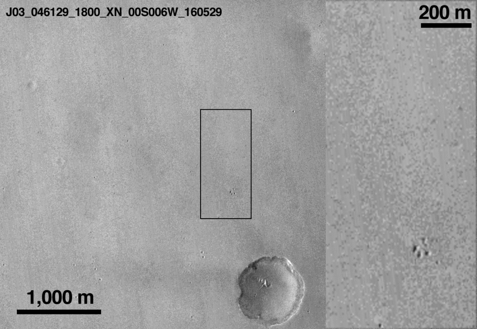 The Context Camera on the NASA’s Mars Reconnaissance Orbiter caught before-and-after images of two spots that likely appeared in connection with the 10/19/16 arrival of the European Space Agency's Schiaparelli test lander on Mars. Due to technical malfunctions during landing, it is believed the lander crashed into the Martian surface. (NASA/JPL-Caltech/MSSS)