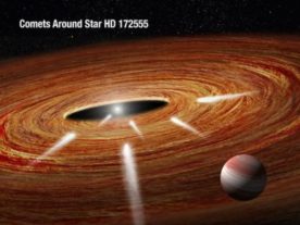 Artist impression shows several comets speeding across a vast protoplanetary disc of gas and dust and heading straight for the youthful, central star HD 172555. (NASA, ESA, and A. Feild and G. Bacon (STScI))