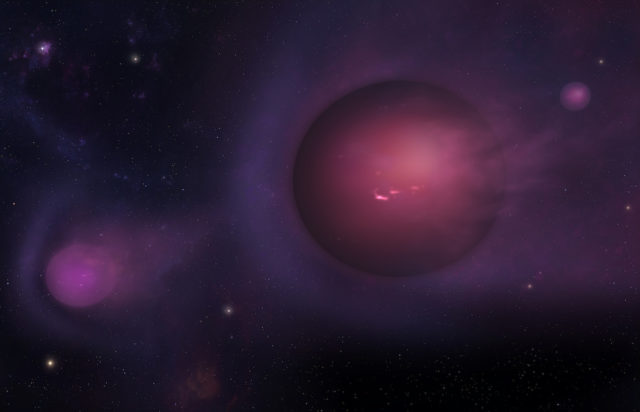 This artist's conception portrays a collection of planet-mass objects that have been flung out of the galactic center at speeds of 10,000 km/s. These cosmic "spitballs" formed from fragments of a star that was shredded by the galaxy's supermassive black hole. (Mark A. Garlick/CfA)