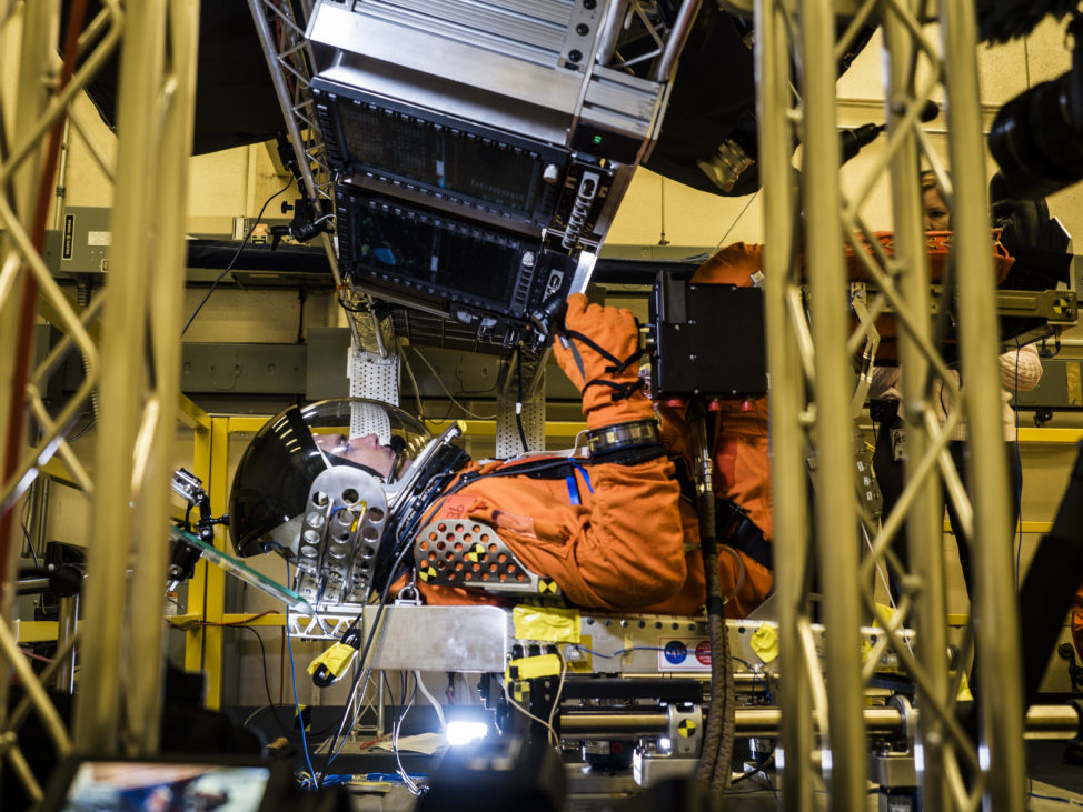 Engineers at NASA’s Johnson Space Center on January 24 simulated the extreme vibrating conditions spacesuit-clad astronauts would experience as an Orion spacecraft is launched atop the powerful Space Launch System rocket on its way to deep space destinations. (NASA)