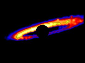 Simulated image of the HD 106906 stellar debris disk, showing a ring of rocky planet-forming material. (Erika Nesvold/Carnegie Institution for Science)