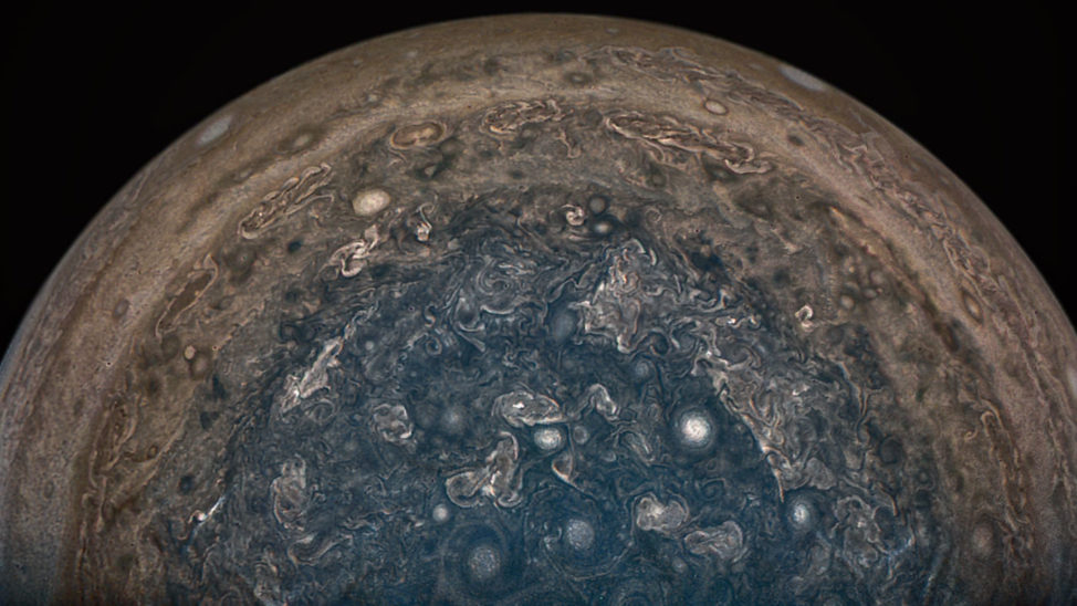 As NASA's Juno spacecraft flew directly over Jupiter's South Pole on 2/2/17 its JunoCam took this image from an altitude of about 101,000 kilometers above the cloud tops. (NASA/JPL-Caltech/SwRI/MSSS/John Landino)