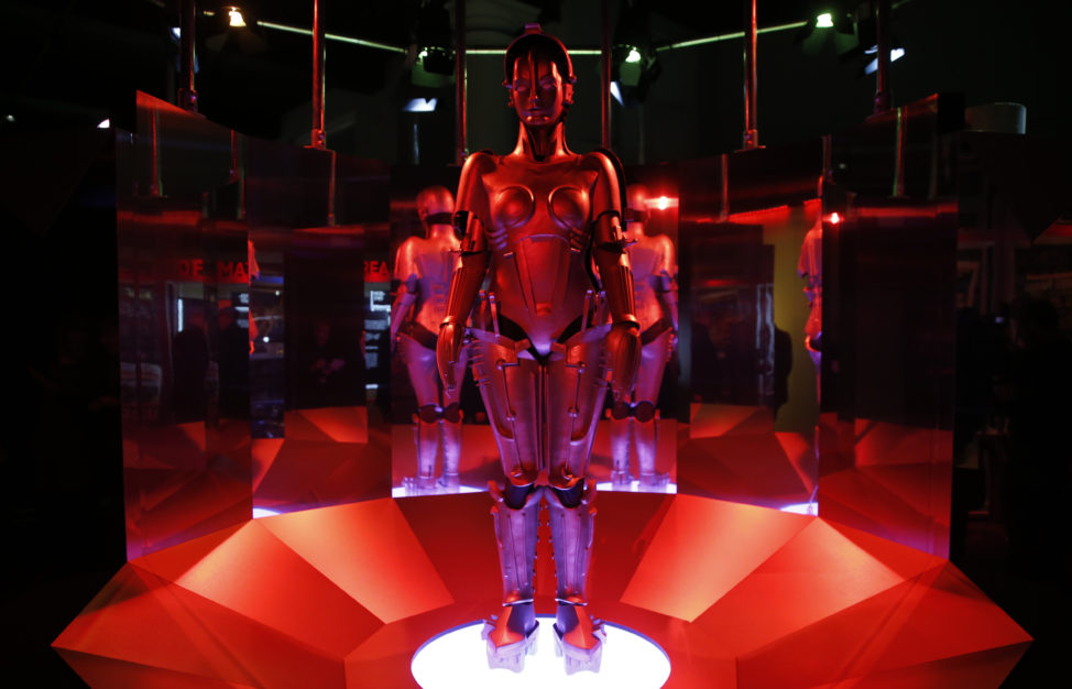 A replica of the 'Maria' a robot that was designed and featured in Fritz Lang's classic science fiction motion picture Metropolis is shown on display, during a press preview for the Robots exhibition held at the Science Museum in London, 2/7/17. (AP)