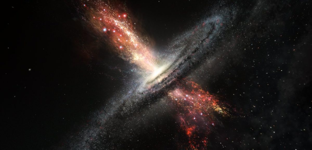 Artist’s impression of a galaxy forming stars within powerful outflows of material blasted out from supermassive black holes at its core. (ESO/M. Kornmesser)