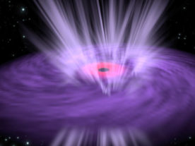 This artist's concept illustrates a supermassive black hole with X-ray emission emanating from its inner region (pink) and ultrafast winds (light purple lines) streaming from the surrounding disk. (ESA)