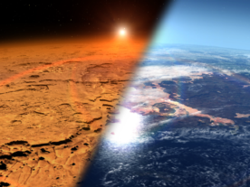 This artist’s concept depicts the early Martian environment (right) – believed to contain liquid water and a thicker atmosphere – versus the cold, dry environment seen at Mars today (left). (NASA’s Goddard Space Flight Center)
