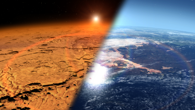 This artist’s concept depicts the early Martian environment (right) – believed to contain liquid water and a thicker atmosphere – versus the cold, dry environment seen at Mars today (left). (NASA’s Goddard Space Flight Center)