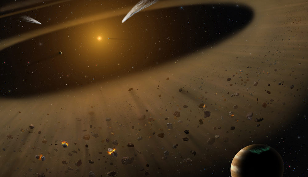 An artist's illustration of the epsilon Eridani system showing Epsilon Eridani b, right foreground, a Jupiter-mass planet orbiting its parent star at the outside edge of an asteroid belt. In the background can be seen another narrow asteroid or comet belt plus an outermost belt similar in size to our solar system's Kuiper Belt. (NASA/SOFIA/Lynette Cook)