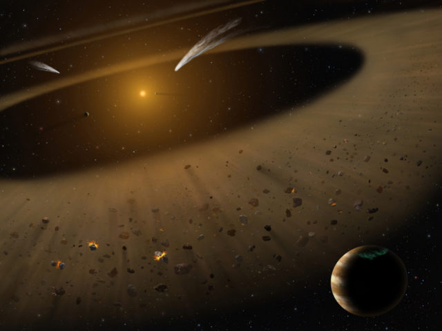 An artist's illustration of the epsilon Eridani system showing Epsilon Eridani b, right foreground, a Jupiter-mass planet orbiting its parent star at the outside edge of an asteroid belt. In the background can be seen another narrow asteroid or comet belt plus an outermost belt similar in size to our solar system's Kuiper Belt. (NASA/SOFIA/Lynette Cook)