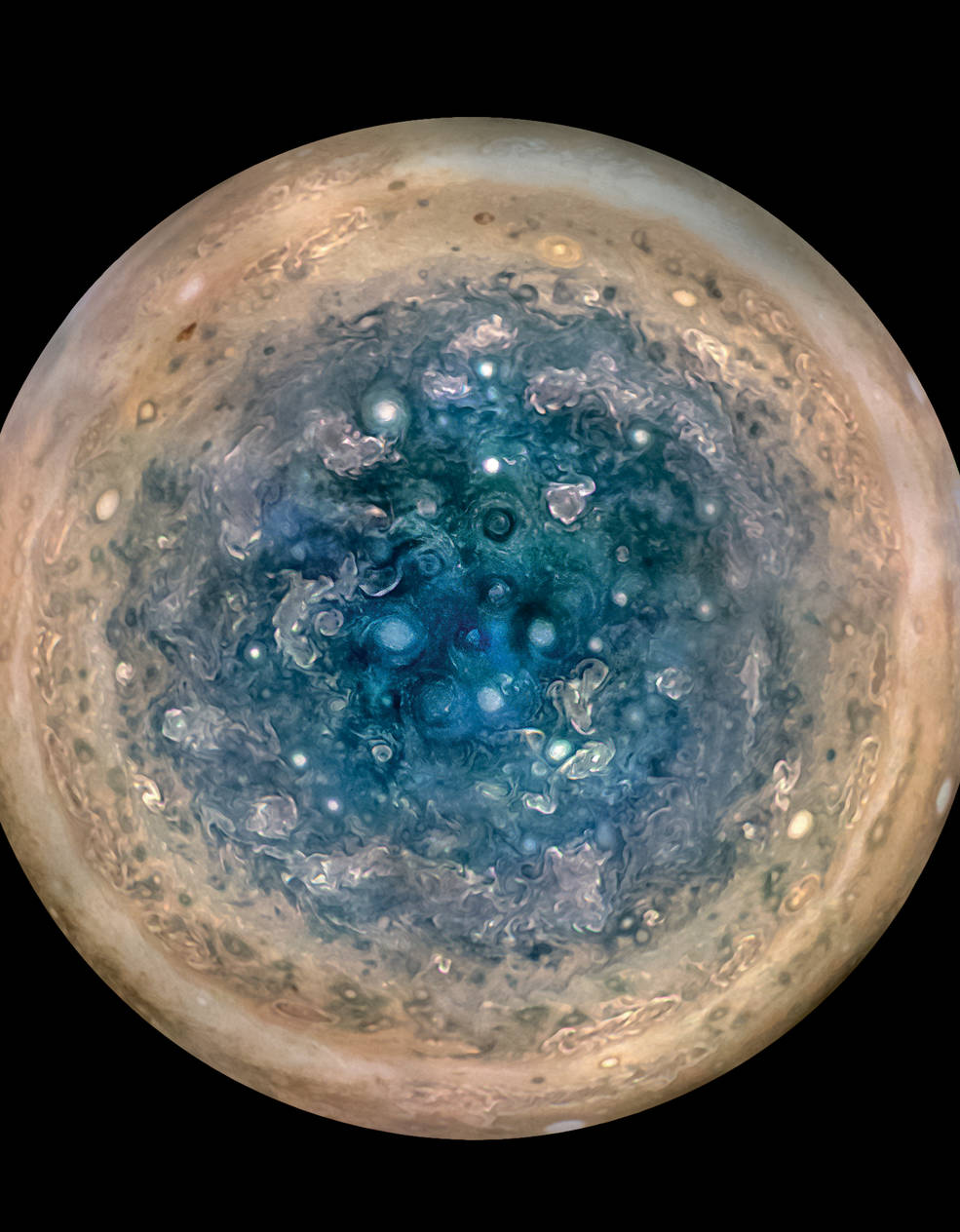 On May 25, NASA released this image of Jupiter’s South Pole snapped by its Juno spacecraft from an altitude of 52,000 kilometers. Images taken by the spacecraft’s JunoCam on three separate passes were combined to show all areas in daylight. (NASA/JPL-Caltech/SwRI/MSSS/Betsy Asher Hall/Gervasio Robles)