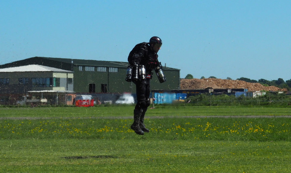 Richard Browning of technology startup Gravity flies in his Iron Man-like jet suit called "Daedalus" at Henstridge airfield in Somerset, England on 5/25/17. (Reuters)