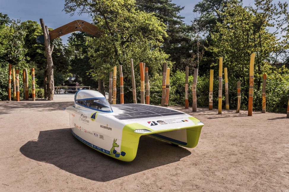 The Belgian Punch Powertrain Solar Team showed off their new solar car "Punch 2" at Planckendael Zoo in Mechelen, Belgium on June 21, 2017. The team will compete in the Bridgestone World Solar Challenge to be held in Australia in October (AP) 