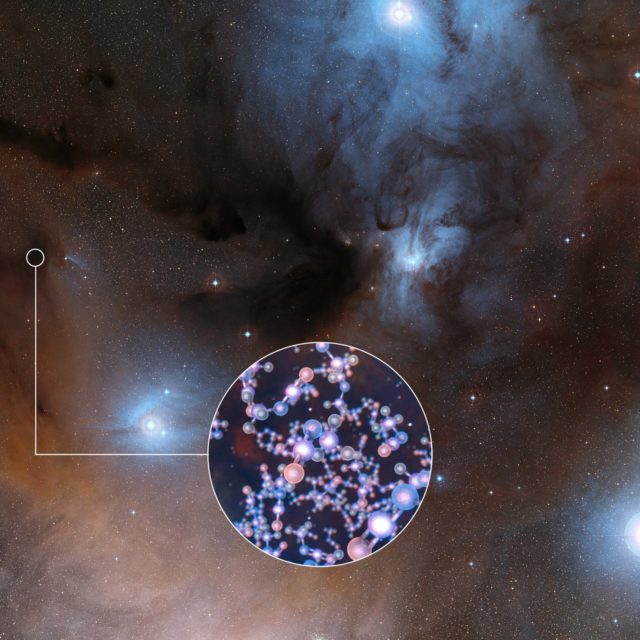 This illustration reveals how the gravity of a white dwarf star warps space and bends the light of a distant star behind it. (NASA, ESA, and A. Feild (STScI)) European Southern Observatory's ALMA has observed stars at a very early stage in their formation and found traces of methyl isocyanate — a chemical building block of life. This image shows the spectacular region of star formation where methyl isocyanate was found. The insert shows the molecular structure of this chemical. (ESO/Digitized Sky Survey 2/L. Calçada)