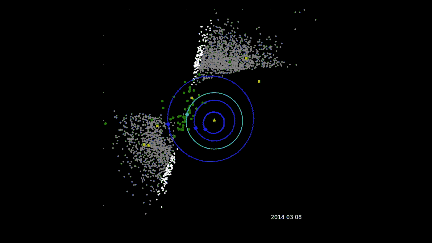 This animation shows the progression of NASA's Near-Earth Object Wide-field Survey Explorer (NEOWISE) investigation for the mission's first three years following its restart in December 2013. (NASA/JPL-Caltech/PSI)