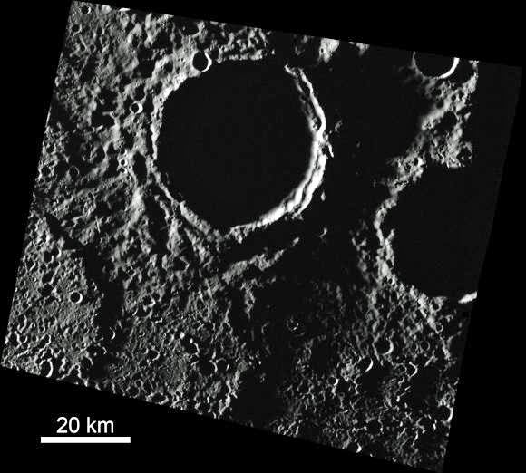Brown researchers have found new evidence of ice sheets in permanently shadowed craters near the north pole of Mercury. (Head lab/Brown University)