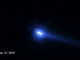This time-lapse video, assembled from a set of Hubble Space Telescope photos, reveals two asteroids orbiting each other that have comet-like features. The asteroid pair, called 2006 VW139/288P, was observed in September 2016, just before the asteroid made its closest approach to the Sun. (NASA, ESA, and J. DePasquale and Z. Levay (STScI))