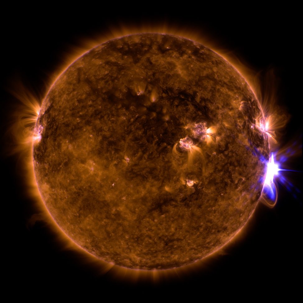 NASA's Solar Dynamics Observatory captured this image of a solar flare – as seen in the bright flash on the right side – on Sept. 10, 2017. The image shows a combination of wavelengths of extreme ultraviolet light that highlights the extremely hot material in flares, which has then been colorized. (NASA/SDO/Goddard)